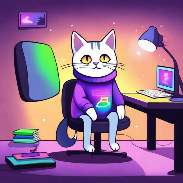 A cute cat is sitting at a desk at night with only RGB lighting illuminating the scene