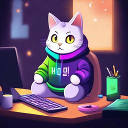 A cute cat is sitting at a desk at night with only RGB lighting illuminating the scene