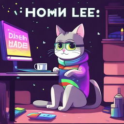 A cute cat is sitting at a desk at night with only RGB lighting illuminating the scene