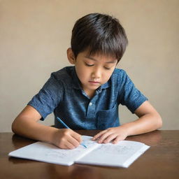 A handsome young boy of Japanese descent, sketching in a notebook with pencils scattered around him