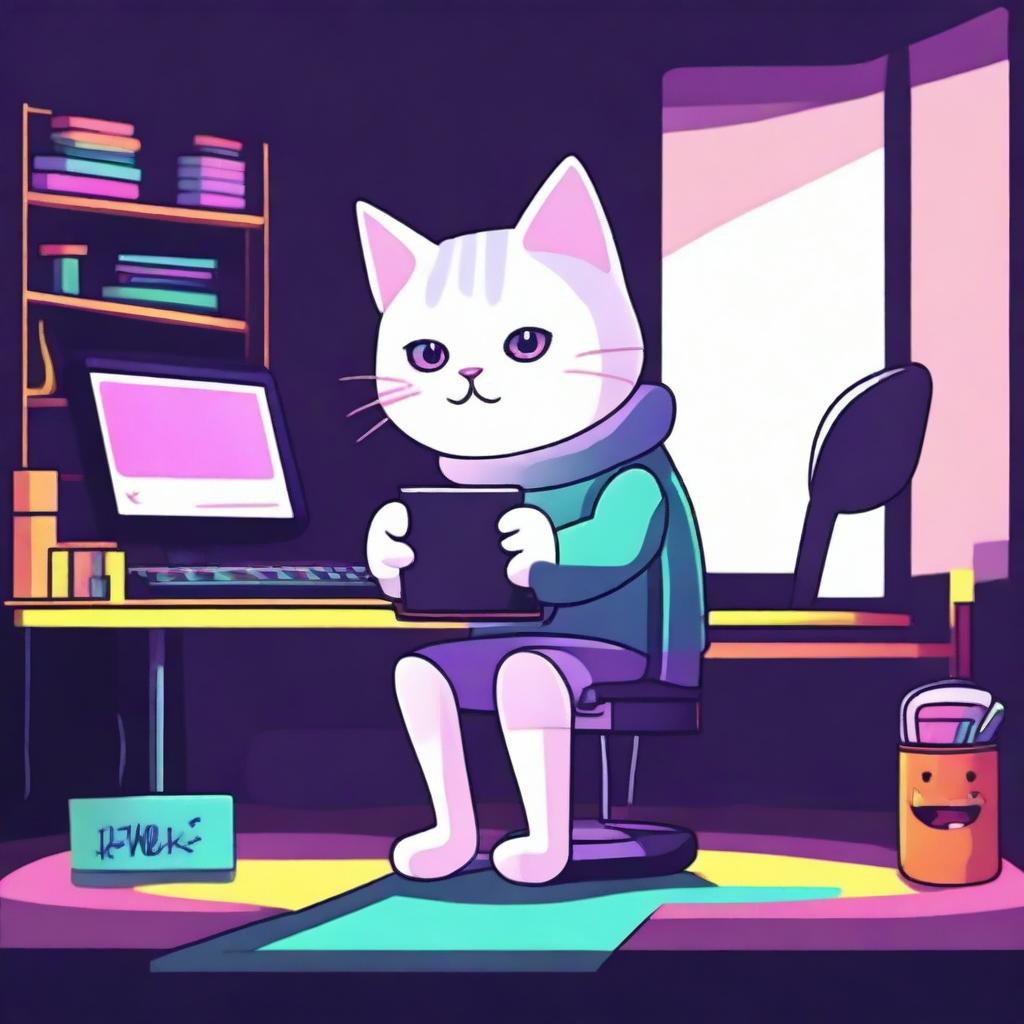 A cute cat is sitting at a desk at night with only RGB lighting illuminating the scene