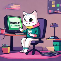 A cute cat is sitting at a desk at night with only RGB lighting illuminating the scene