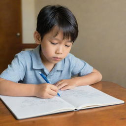 A handsome young boy of Japanese descent, sketching in a notebook with pencils scattered around him