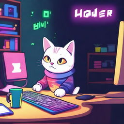 A cute cat is sitting at a desk at night with only RGB lighting illuminating the scene