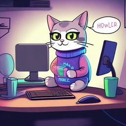 A cute cat is sitting at a desk at night with only RGB lighting illuminating the scene