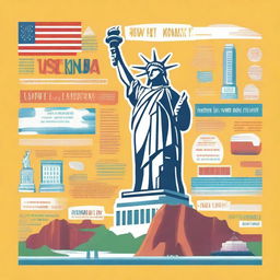 Create an engaging and colorful image with the text 'How well do you know the USA?' featuring iconic American landmarks like the Statue of Liberty, Mount Rushmore, and the Golden Gate Bridge