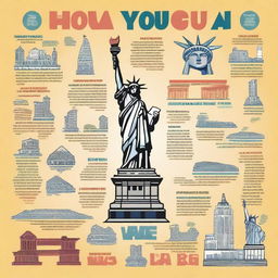 Create an engaging and colorful image with the text 'How well do you know the USA?' featuring iconic American landmarks like the Statue of Liberty, Mount Rushmore, and the Golden Gate Bridge