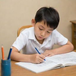 A handsome young boy of Japanese descent, sketching in a notebook with pencils scattered around him