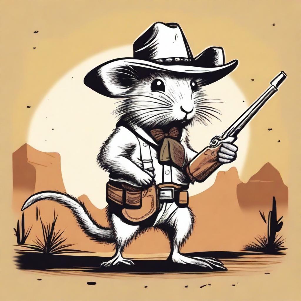 A detailed illustration of a rat wearing a cowboy hat, holding a shotgun in its tiny paws