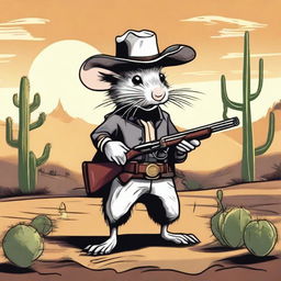 A detailed illustration of a rat wearing a cowboy hat, holding a shotgun in its tiny paws