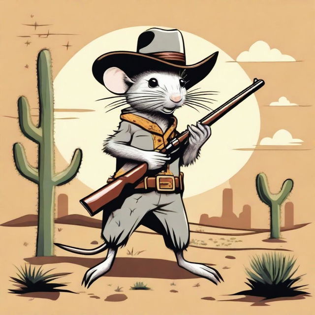 A detailed illustration of a rat wearing a cowboy hat, holding a shotgun in its tiny paws