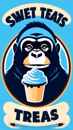 A vibrant logo featuring a friendly gorilla holding a stylized ice cream cone surrounded by a sky blue circular border. Inside the border are the words 'Sweet Treats on Wheels' in a darker blue, rounded font.