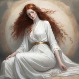 A full body image of a freckled, curly redhead priestess in a white robe laying down