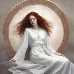 A full body image of a freckled, curly redhead priestess in a white robe laying down