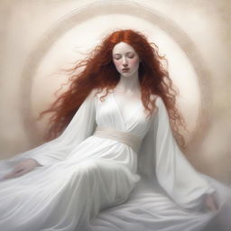 A full body image of a freckled, curly redhead priestess in a white robe laying down