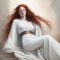 A full body image of a freckled, curly redhead priestess in a white robe laying down