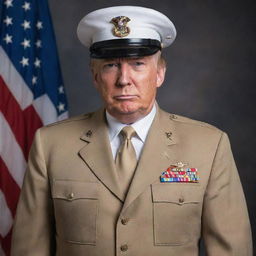 Donald Trump in a U.S Marine uniform, standing tall with an aura of determination and pride.