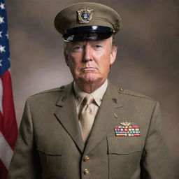 Donald Trump in a U.S Marine uniform, standing tall with an aura of determination and pride.