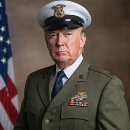 Donald Trump in a U.S Marine uniform, standing tall with an aura of determination and pride.