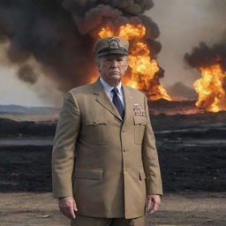 Donald Trump in a U.S Marine uniform, courageously standing amidst a battlefield scene with massive oil fires raging in the background.