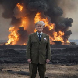 Donald Trump in a U.S Marine uniform, courageously standing amidst a battlefield scene with massive oil fires raging in the background.