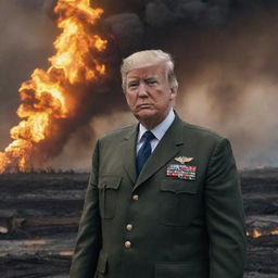 Donald Trump in a U.S Marine uniform, courageously standing amidst a battlefield scene with massive oil fires raging in the background.