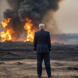 Donald Trump in a U.S Marine uniform, courageously standing amidst a battlefield scene with massive oil fires raging in the background.