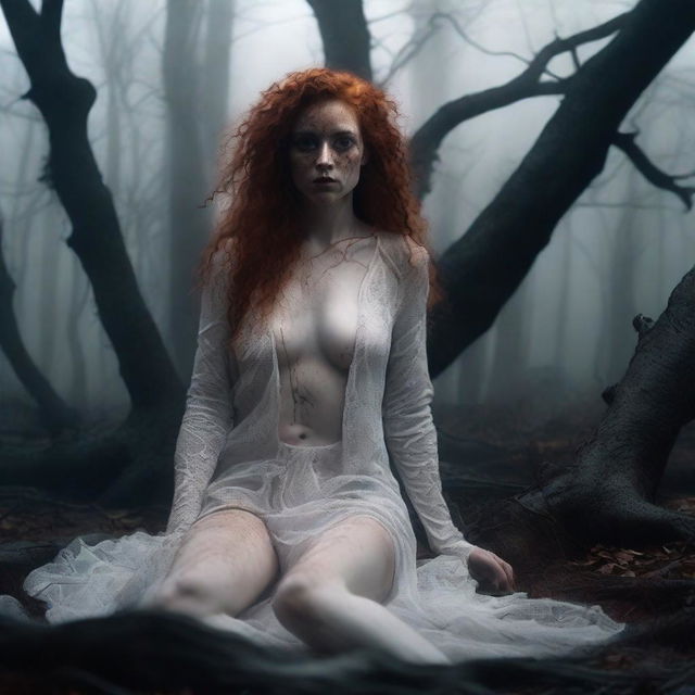 A full body image of a freckled, curly redhead priestess wearing a white thong, laying down in a horror setting