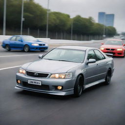 A dynamic image of a Toyota Chaser in a heated street race against a Nissan Skyline V35, with both cars speeding on an open road.