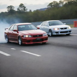 A dynamic image of a Toyota Chaser in a heated street race against a Nissan Skyline V35, with both cars speeding on an open road.