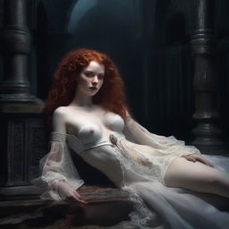 A full body image of a freckled, curly redhead priestess vampire wearing a white thong, laying down in a gothic setting