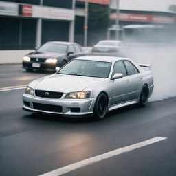 A dynamic image of a Toyota Chaser in a heated street race against a Nissan Skyline V35, with both cars speeding on an open road.