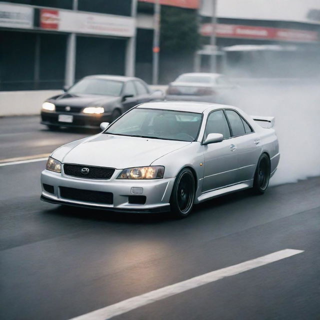A dynamic image of a Toyota Chaser in a heated street race against a Nissan Skyline V35, with both cars speeding on an open road.