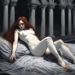 A full-body depiction of a freckled, curly redhead priestess in a white thong, laying down in a gothic setting