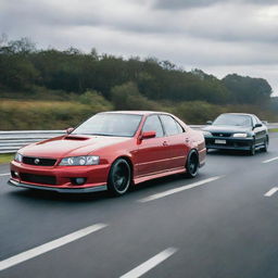 A dynamic image of a Toyota Chaser in a heated street race against a Nissan Skyline V35, with both cars speeding on an open road.