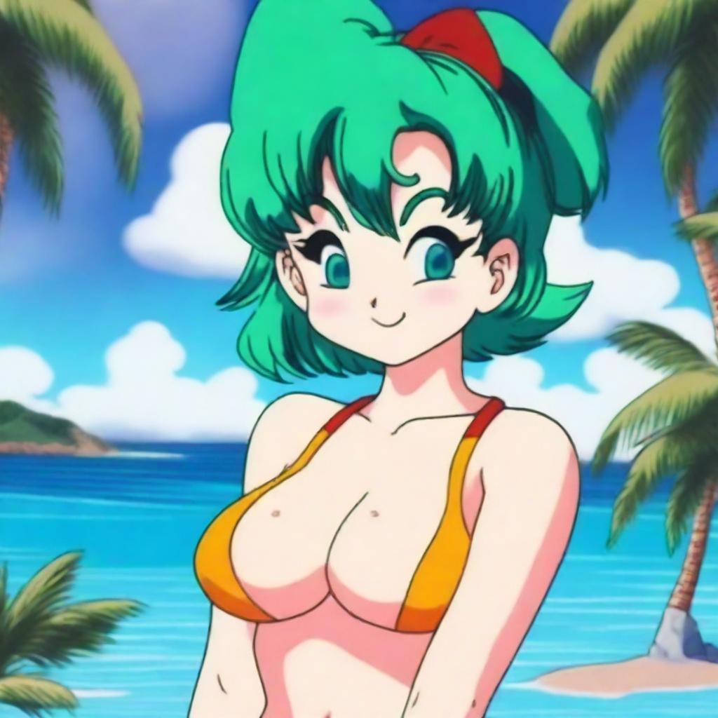 Create an image of Bulma from Dragonball wearing a bikini