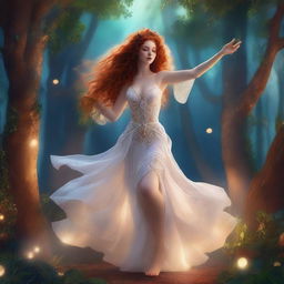 A full body image of a freckled curly redhead priestess in a white thong dancing in a fantasy setting