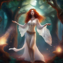 A full body image of a freckled curly redhead priestess in a white thong dancing in a fantasy setting