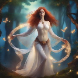 A full body image of a freckled curly redhead priestess in a white thong dancing in a fantasy setting