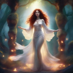 A full body image of a freckled curly redhead priestess in a white thong dancing in a fantasy setting