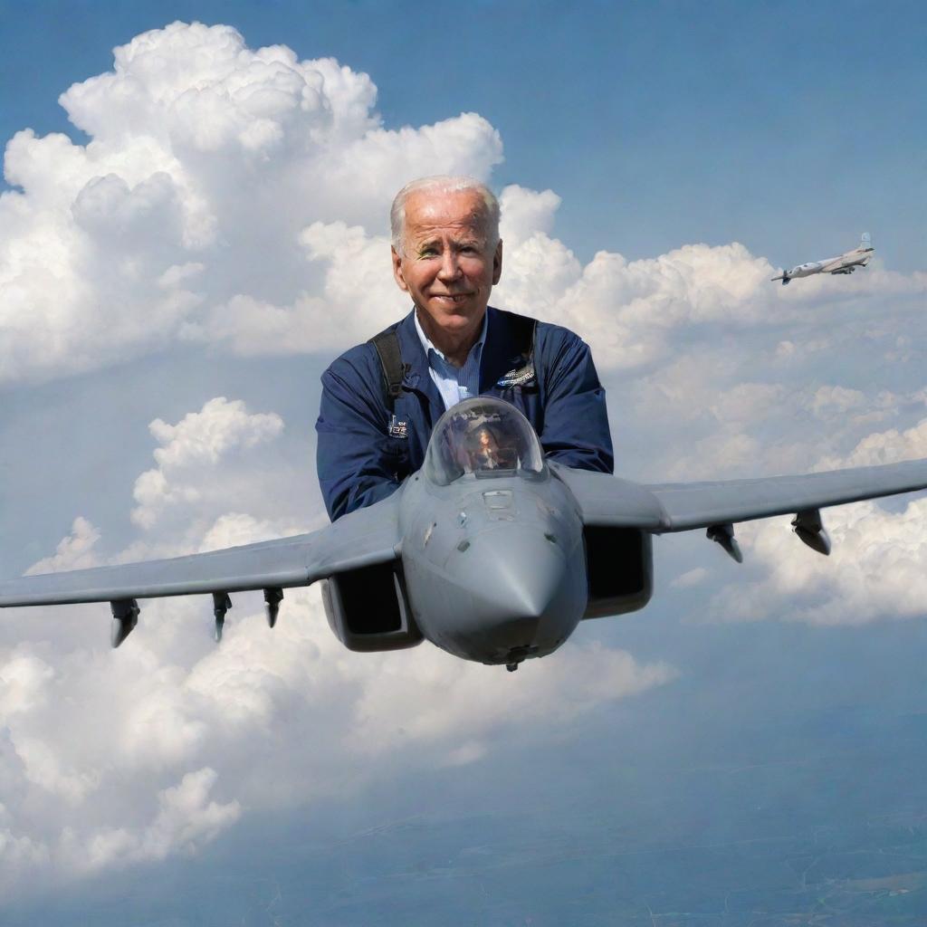 Joe Biden confidently piloting an A10 Warthog, soaring majestically through the sky with the clouds around