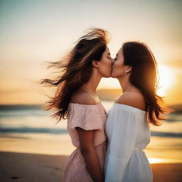 A romantic scene featuring two women sharing a kiss