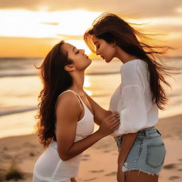 A romantic scene featuring two women sharing a kiss