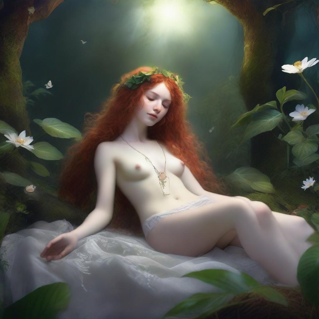 A full body depiction of a freckled, curly redhead priestess wearing a white thong, asleep in a fantasy setting