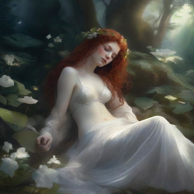 A full body depiction of a freckled, curly redhead priestess wearing a white thong, asleep in a fantasy setting