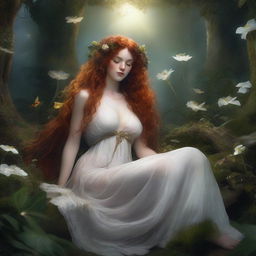 A full body depiction of a freckled, curly redhead priestess wearing a white thong, asleep in a fantasy setting