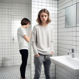 A teenager standing in a modern bathroom, looking at the mirror