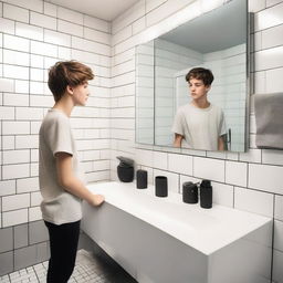 A teenager standing in a modern bathroom, looking at the mirror