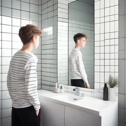 A teenager standing in a modern bathroom, looking at the mirror