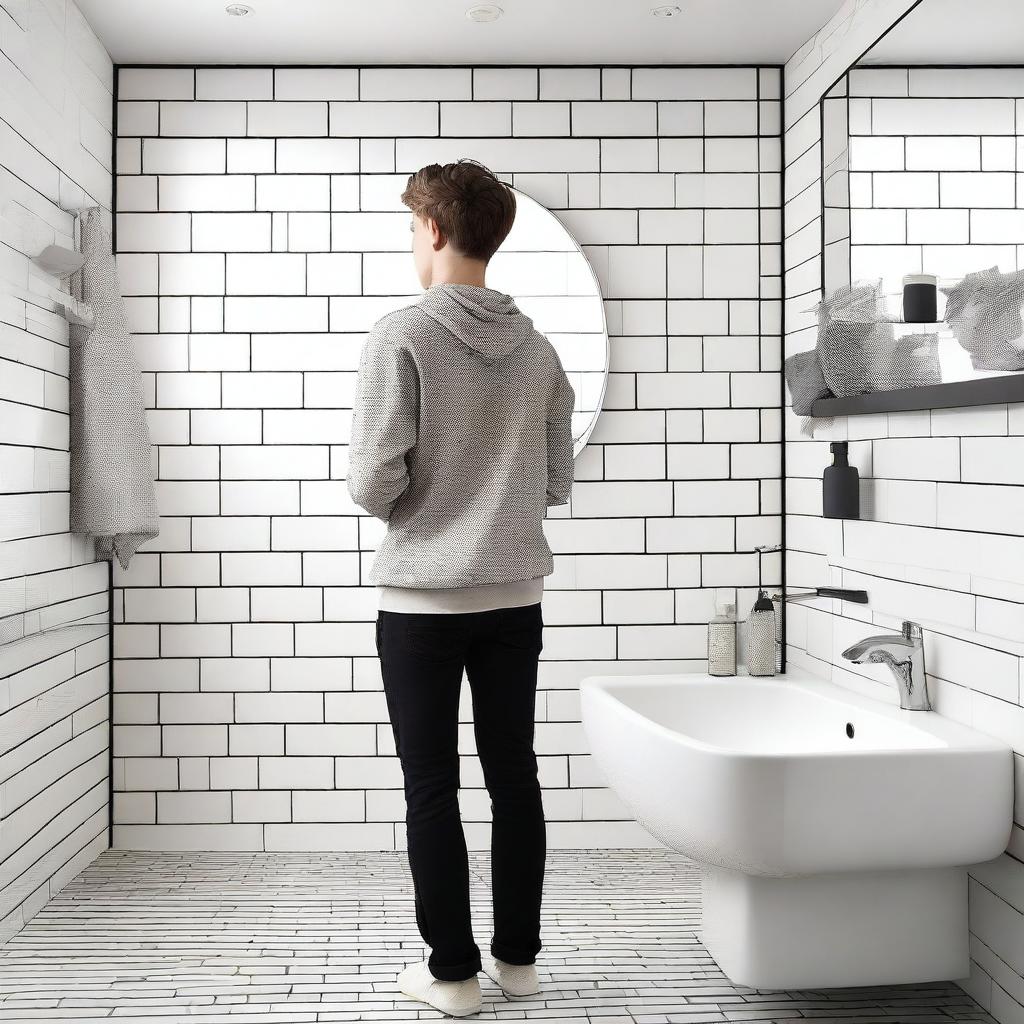 A teenager standing in a modern bathroom, looking at the mirror